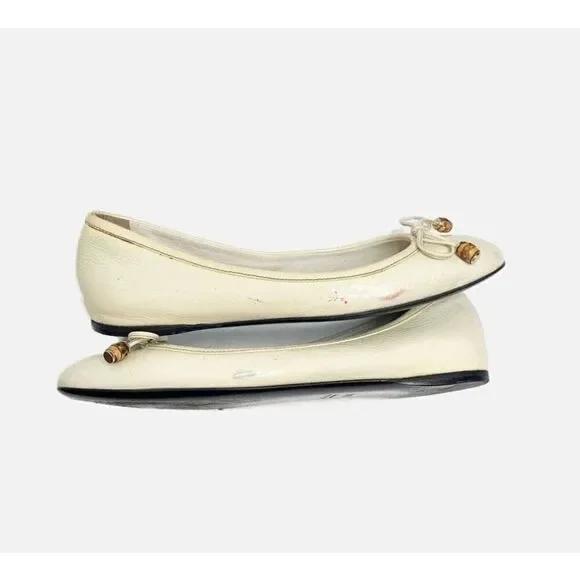 Authentic GUCCI Cream Ivory Patent Leather Bamboo Tassel Bow Ballet Flats 35.5 G - Picture 5 of 12